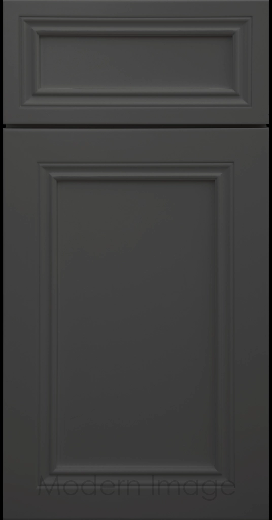 Close-up of Corona cabinets in Iron Ore with mitered molding and flat center panel.